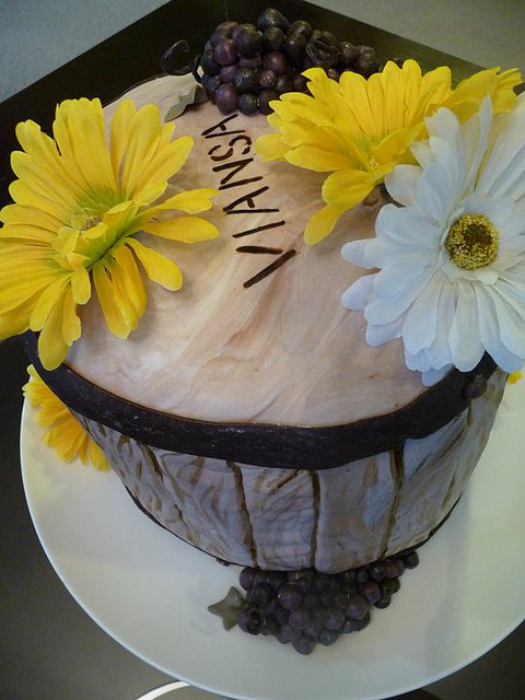 This wine barrel cake showcases a rustic flavor with marbled fondant 