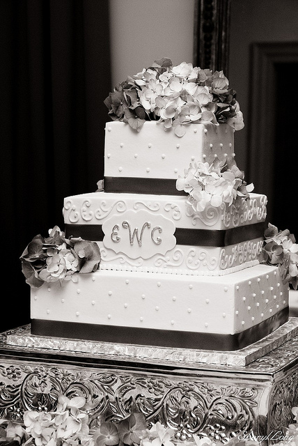 black, silver, and white wedding cakes