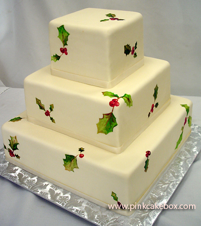 This holiday wedding cake is a typical square wedding cake with the three