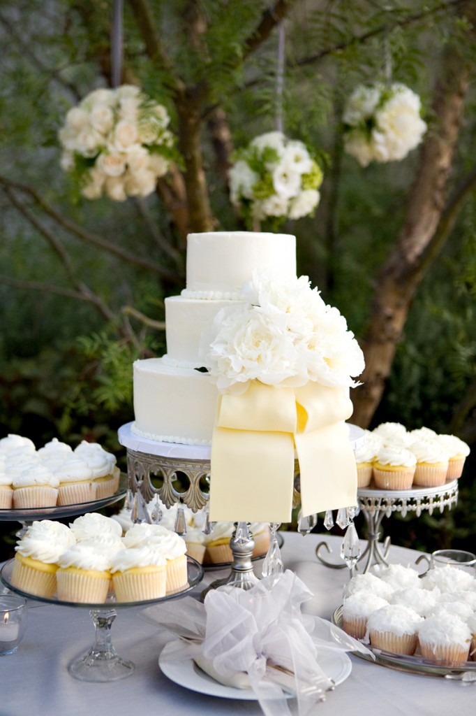White wedding cake with cream ribbon Happy hmmm well let me think about it