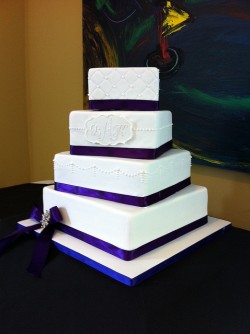 Purple Ribbon Wedding Cake with Monogram