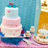 Buttons and Quilting Light Blue and Raspberry Wedding Cake