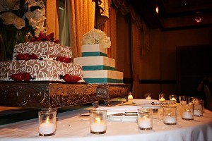 Side By Side Wedding and Groom's Cakes