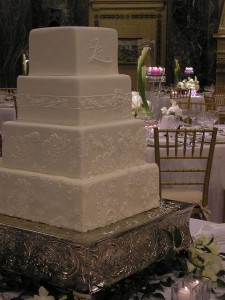 Fondant and Applique White on White Square Monogram Wedding Cake