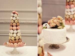 macaron tower and white wedding cake