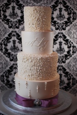 Pearl Encrusted Wedding Cake with Monogram