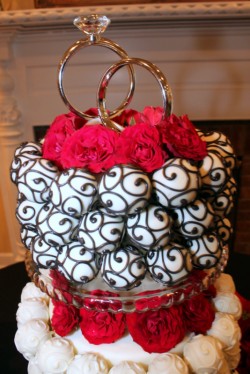 black and red cake pop wedding cake close up